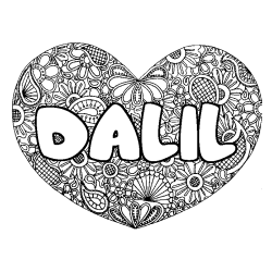 Coloring page first name DALIL - Heart mandala background