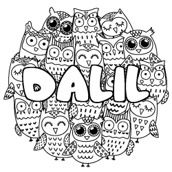 Coloring page first name DALIL - Owls background