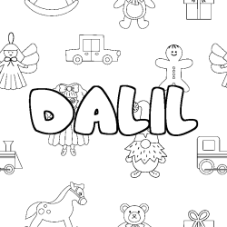 Coloring page first name DALIL - Toys background