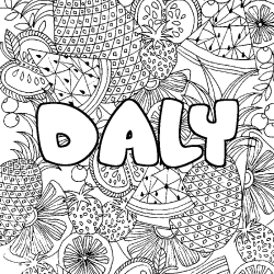 Coloring page first name DALY - Fruits mandala background