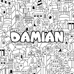 Coloring page first name DAMIAN - City background