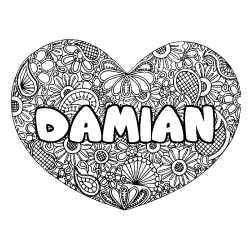 Coloring page first name DAMIAN - Heart mandala background