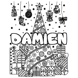 Coloring page first name DAMIEN - Christmas tree and presents background