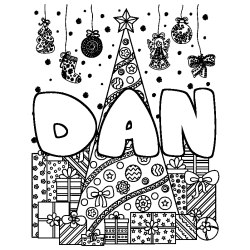 Coloring page first name DAN - Christmas tree and presents background