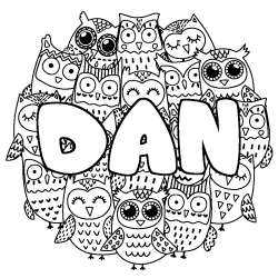 Coloring page first name DAN - Owls background