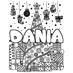Coloring page first name DANIA - Christmas tree and presents background