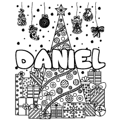 Coloring page first name DANIEL - Christmas tree and presents background