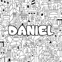 Coloring page first name DANIEL - City background