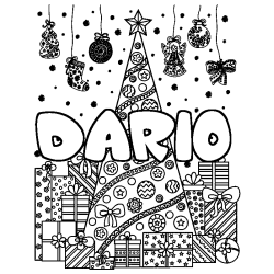 Coloring page first name DARIO - Christmas tree and presents background