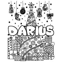 Coloring page first name DARIUS - Christmas tree and presents background
