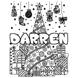 Coloring page first name DARREN - Christmas tree and presents background