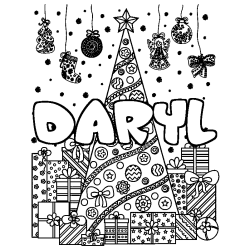 Coloring page first name DARYL - Christmas tree and presents background