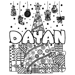 Coloring page first name DAYAN - Christmas tree and presents background