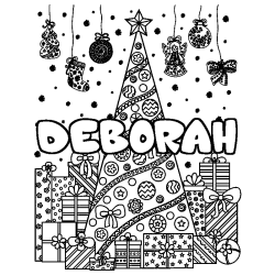 Coloring page first name DEBORAH - Christmas tree and presents background