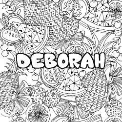 Coloring page first name DEBORAH - Fruits mandala background