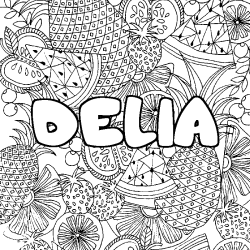 Coloring page first name DELIA - Fruits mandala background