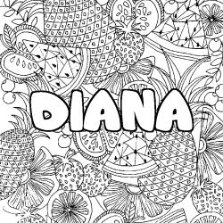 Coloring page first name DIANA - Fruits mandala background