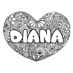 Coloring page first name DIANA - Heart mandala background