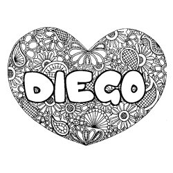 Coloring page first name DIEGO - Heart mandala background