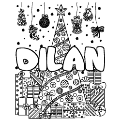 Coloring page first name DILAN - Christmas tree and presents background