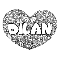 Coloring page first name DILAN - Heart mandala background