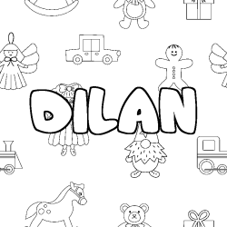 Coloring page first name DILAN - Toys background