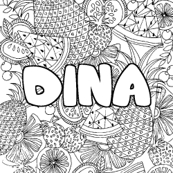 Coloring page first name DINA - Fruits mandala background
