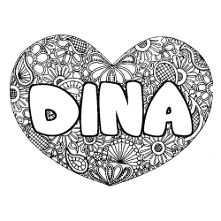 Coloring page first name DINA - Heart mandala background