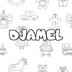 Coloring page first name DJAMEL - Toys background