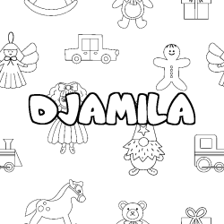 Coloring page first name DJAMILA - Toys background