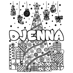 Coloring page first name DJENNA - Christmas tree and presents background