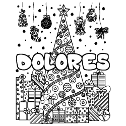 Coloring page first name DOLORES - Christmas tree and presents background