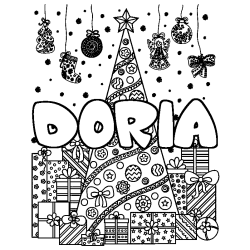 Coloring page first name DORIA - Christmas tree and presents background