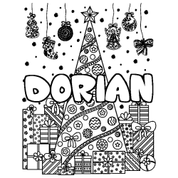 Coloring page first name DORIAN - Christmas tree and presents background