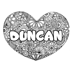 Coloring page first name DUNCAN - Heart mandala background