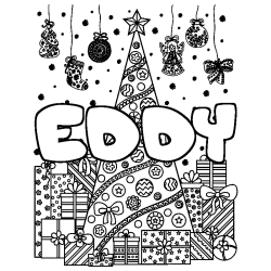 Coloring page first name EDDY - Christmas tree and presents background