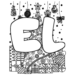 Coloring page first name EL - Christmas tree and presents background