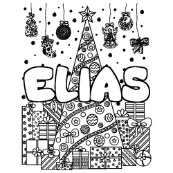 Coloring page first name ELIAS - Christmas tree and presents background