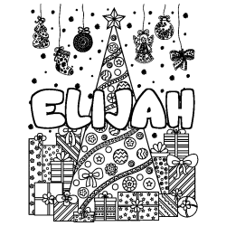 Coloring page first name ELIJAH - Christmas tree and presents background