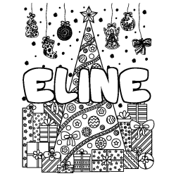 Coloring page first name ELINE - Christmas tree and presents background
