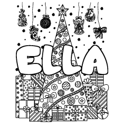 Coloring page first name ELLA - Christmas tree and presents background