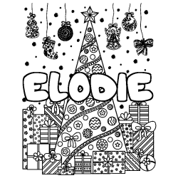 Coloring page first name ELODIE - Christmas tree and presents background