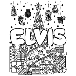 Coloring page first name ELVIS - Christmas tree and presents background