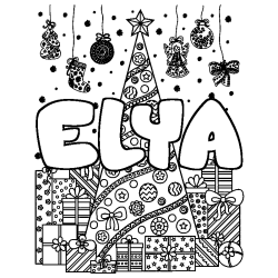Coloring page first name ELYA - Christmas tree and presents background