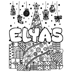 Coloring page first name ELYAS - Christmas tree and presents background