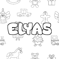 Coloring page first name ELYAS - Toys background