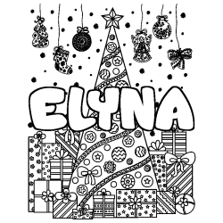 Coloring page first name ELYNA - Christmas tree and presents background