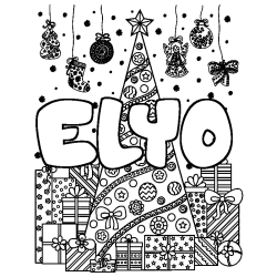 Coloring page first name ELYO - Christmas tree and presents background