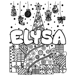Coloring page first name ELYSA - Christmas tree and presents background