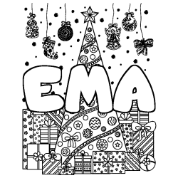 Coloring page first name EMA - Christmas tree and presents background